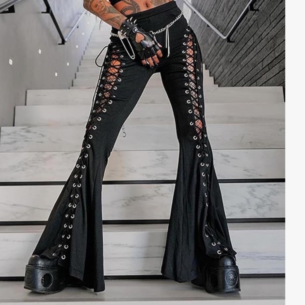 AMAZING Lace up bell bottom flared pants rave goth club dance festival burner - Picture 1 of 3